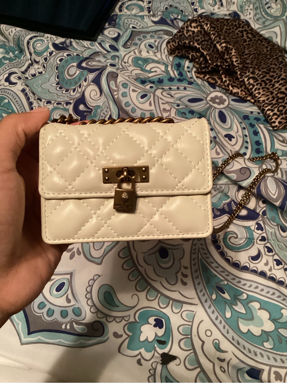 Kurt Geiger Quilted Cream Mini Crossbody with Gold Chain